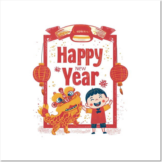 Happy New Year Celebration: Red Yellow Navy Chinese Doodle T Wall Art by YUED